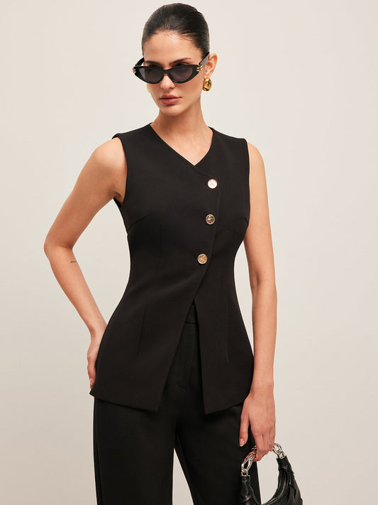 V-Neck Button Detail Vest Sleeveless Casual Top
