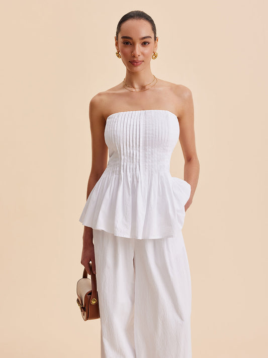 Cotton Pleated Strapless Peplum Top for Women Summer Fashion