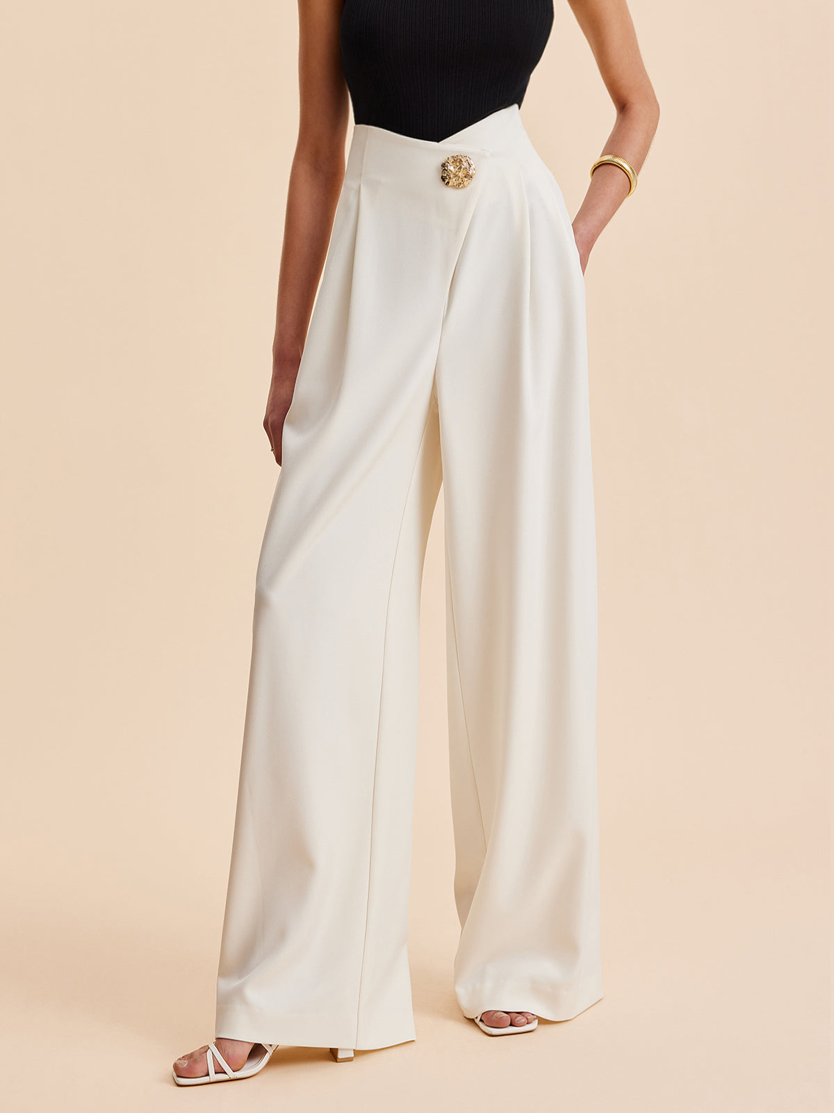 Embellished High-Waist Wide-Leg Pants with Improved Comfort and Elastic Band