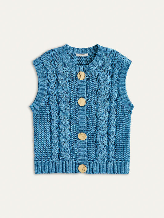 Cable-Knit Sleeveless Buttoned Vest for Layering Essential