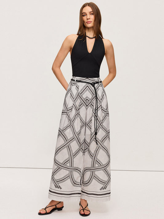 Geometric Print Belted Wide-Leg Pants for Women, Casual High-Waisted Trousers