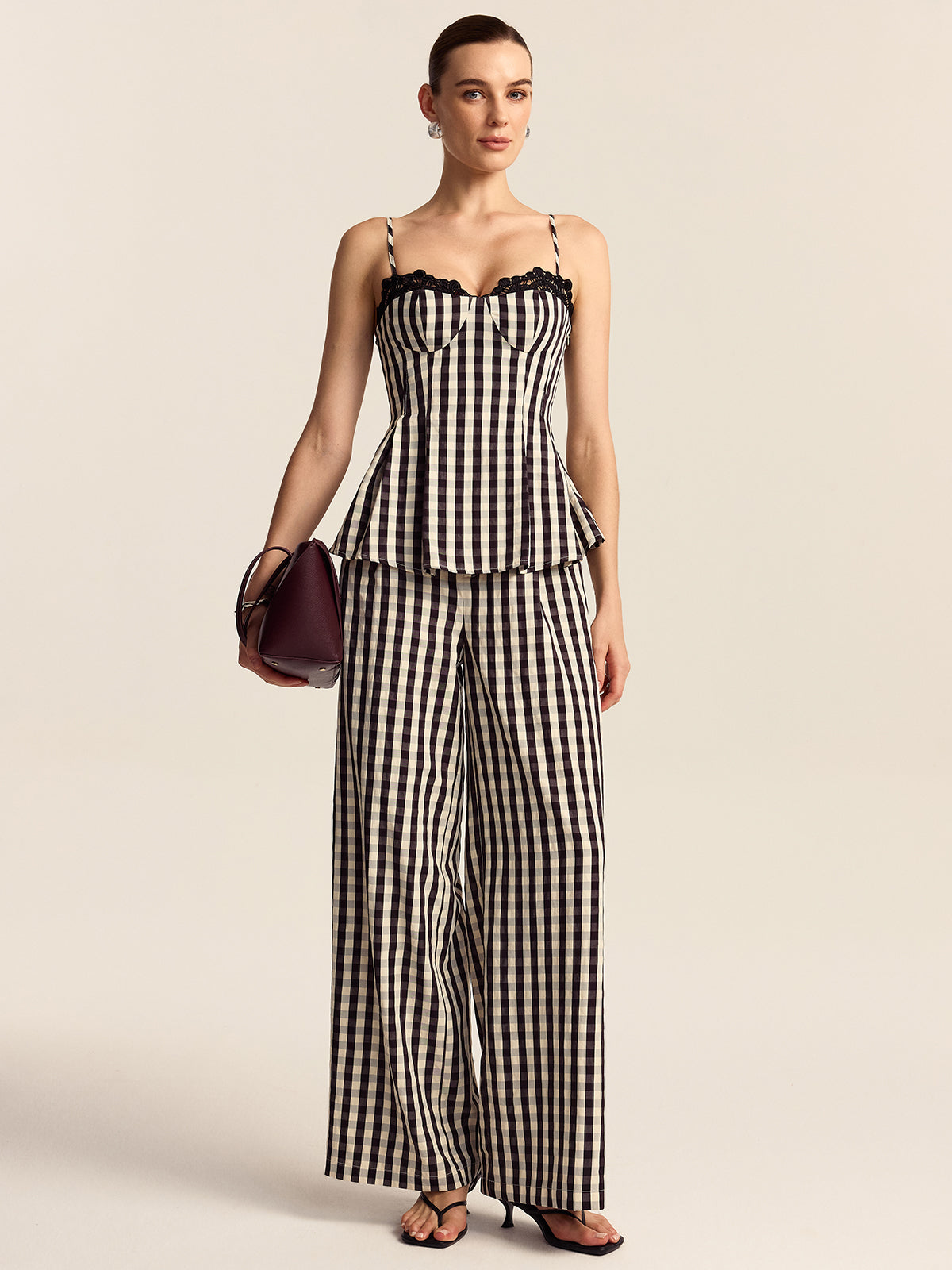 Gingham Spaghetti Strap Peplum Top with Lace Trim 2023 Spring Fashion