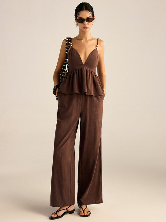 Cotton Peplum Beaded Straps Top and Pants Set for Women, Elegant Evening Wear