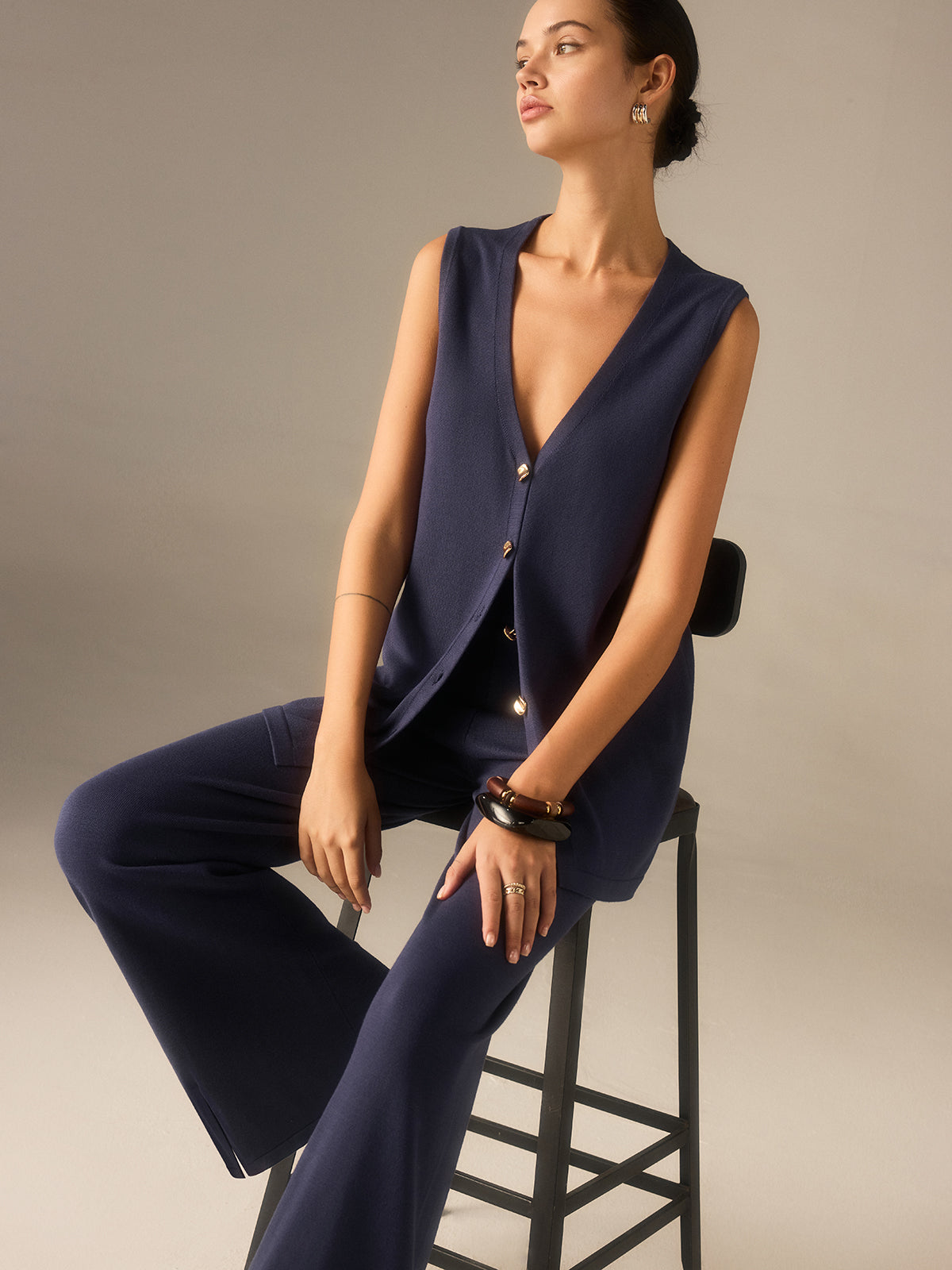 Golden Button Knit Vest Pants Set for Women, Stylish Casual Outfit