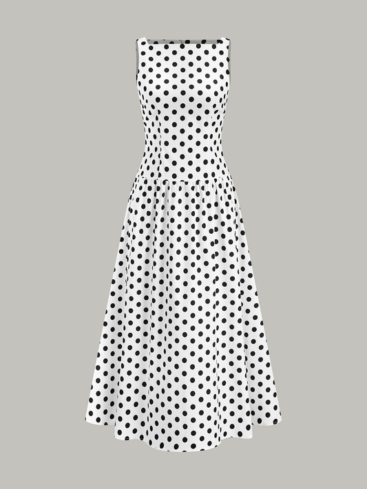 Polka Dot Sleeveless Midi Dress with Belted Waist