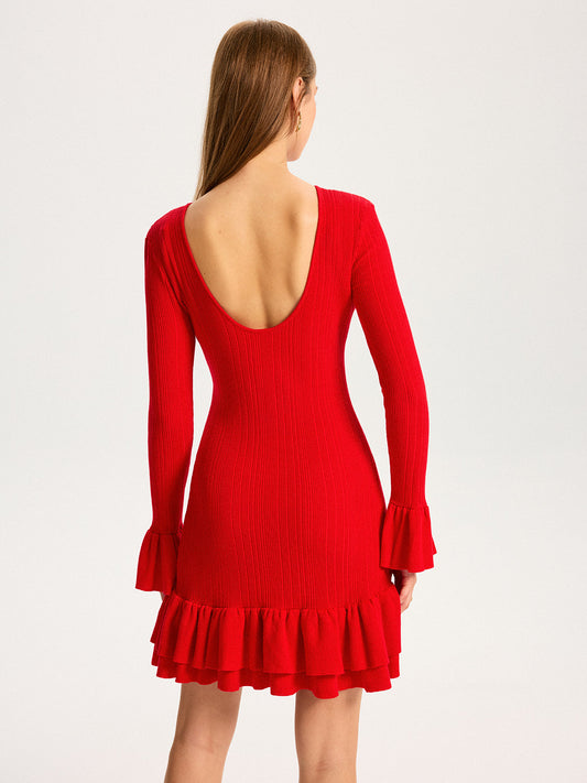Wool Blend Knit Ruffled Flared Sleeve Mini Dress with Belt Detail