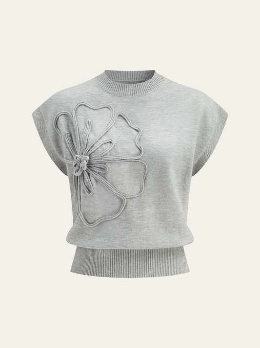 Flower Applique Cap Sleeve Knit Top for Women Casual Wear