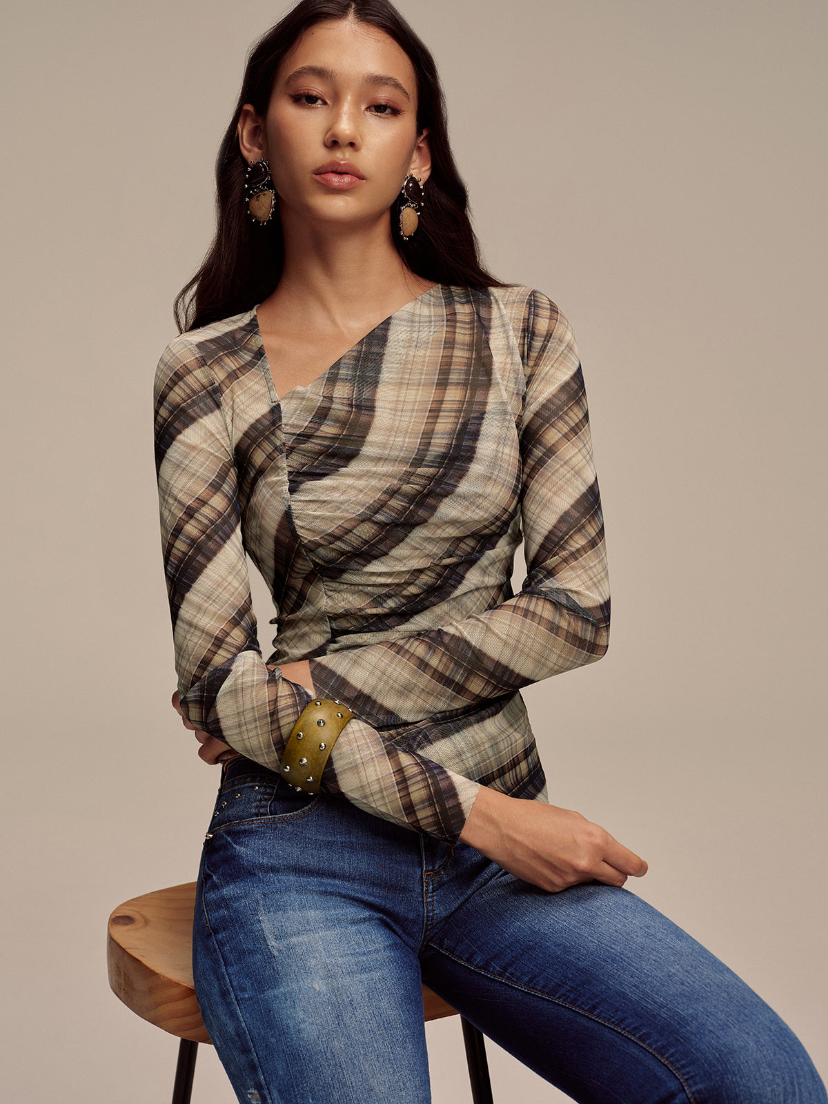 Semi-Sheer Mesh Asymmetric Ruched Blouse with Long Sleeves and Elegant Drape