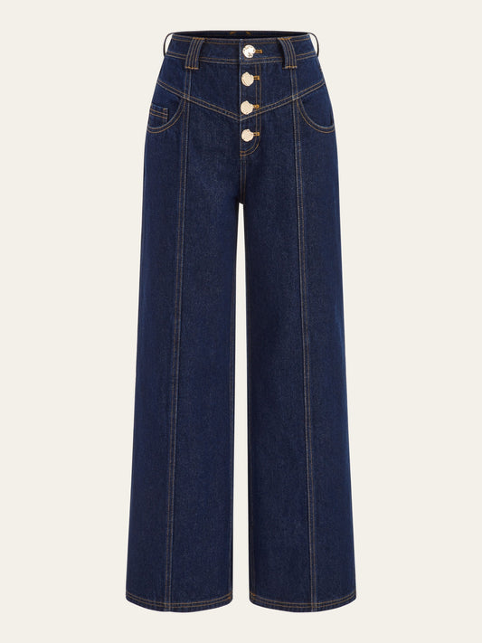 Mid-Waist Wide-Leg Button Front Jeans with Classic Denim Style