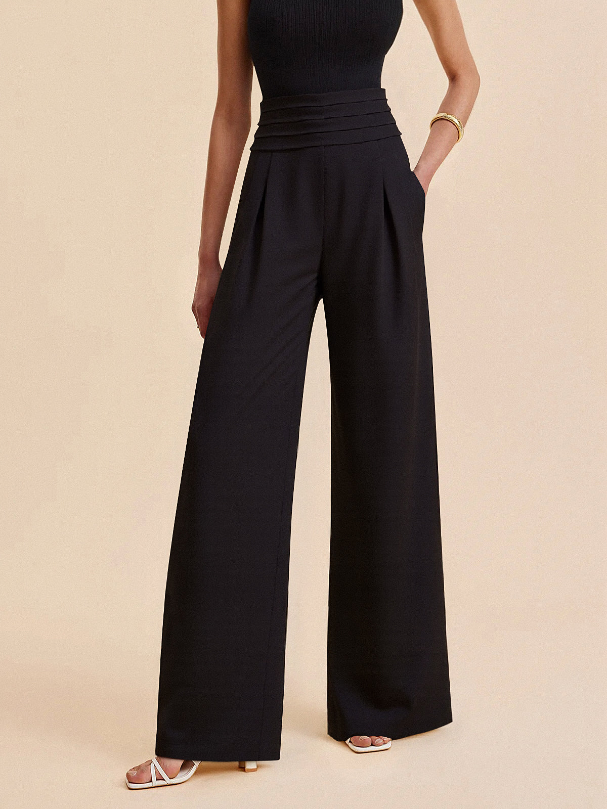 High-Waist Pleated-Waistband Wide-Leg Pants for Women Comfort Fit