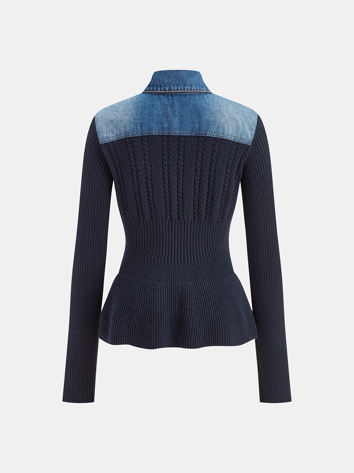 Denim Collar Cable Knit Button-Front Peplum Cardigan with Pockets for Women