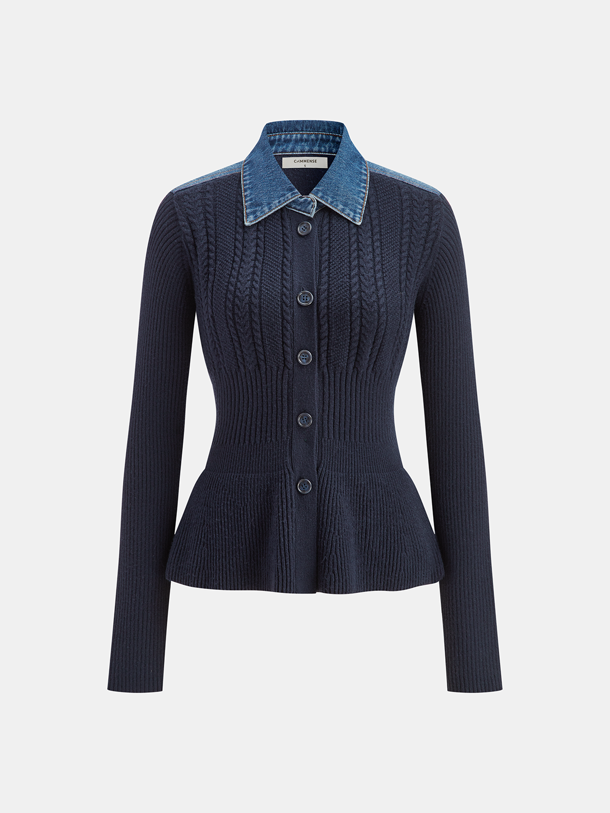Denim Collar Cable Knit Button-Front Peplum Cardigan with Pockets for Women