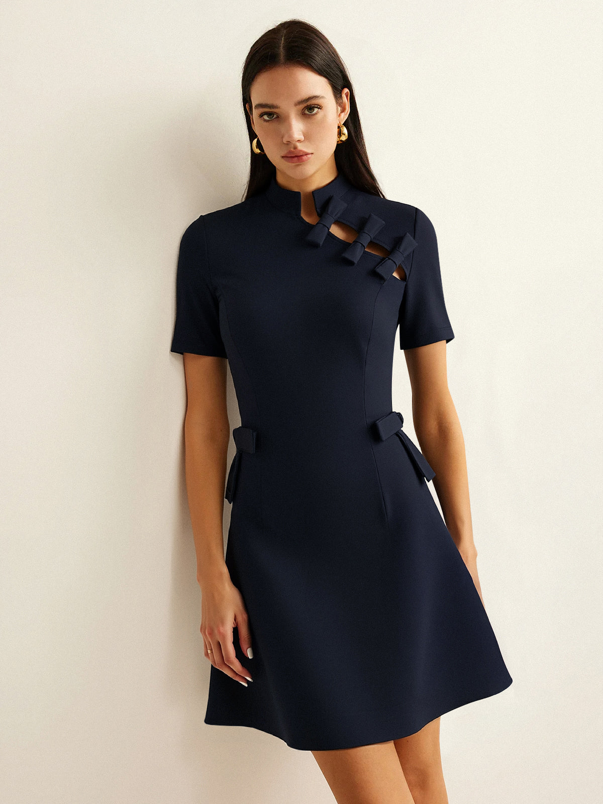 Bow Cut-Out Stand Collar Short Sleeve Dress with Pockets and Belted Waist