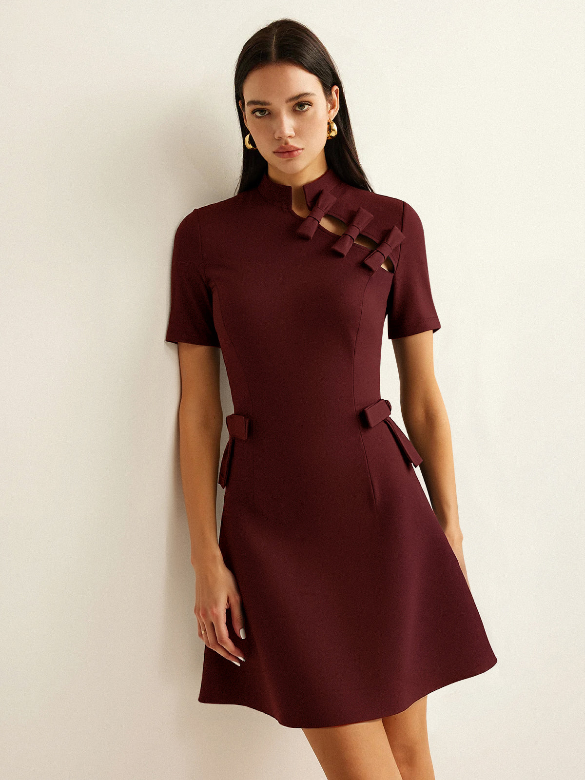 Bow Cut-Out Stand Collar Short Sleeve Dress with Pockets and Belted Waist