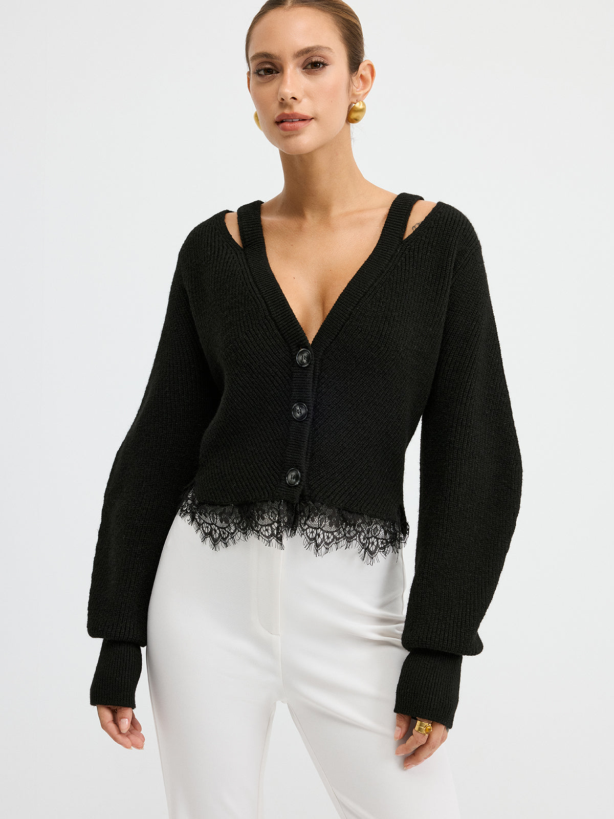 Lace Hem Wool Blend Cardigan - Fashionable Lightweight Women's Sweater