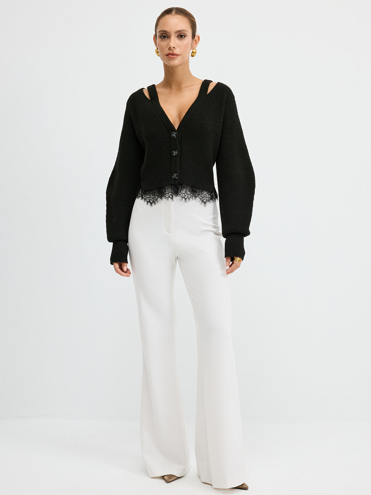 Lace Hem Wool Blend Cardigan - Fashionable Lightweight Women's Sweater