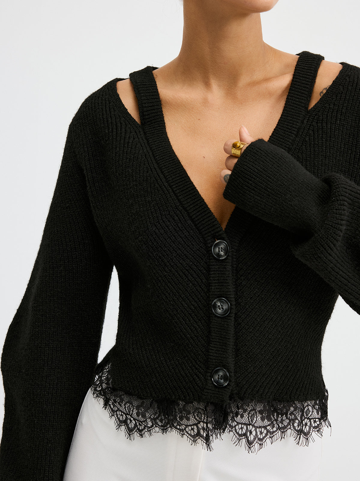 Lace Hem Wool Blend Cardigan - Fashionable Lightweight Women's Sweater