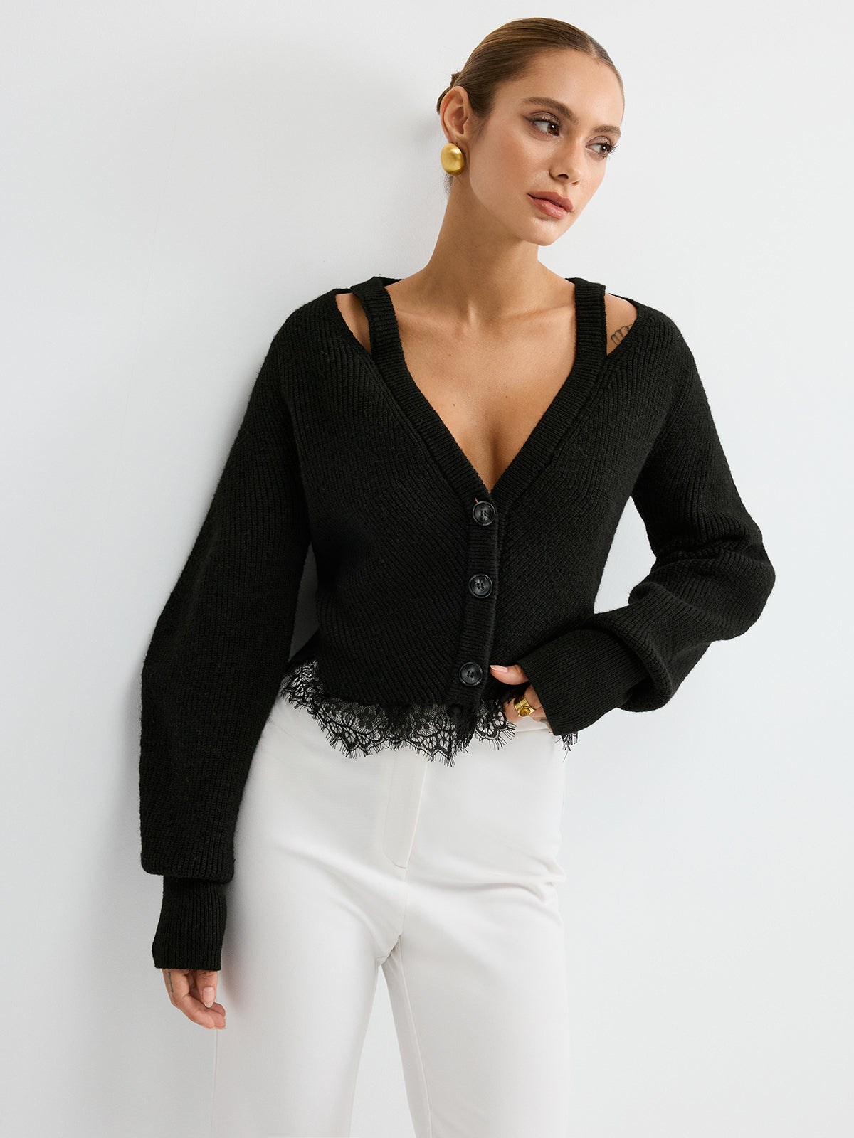 Lace Hem Wool Blend Cardigan - Fashionable Lightweight Women's Sweater