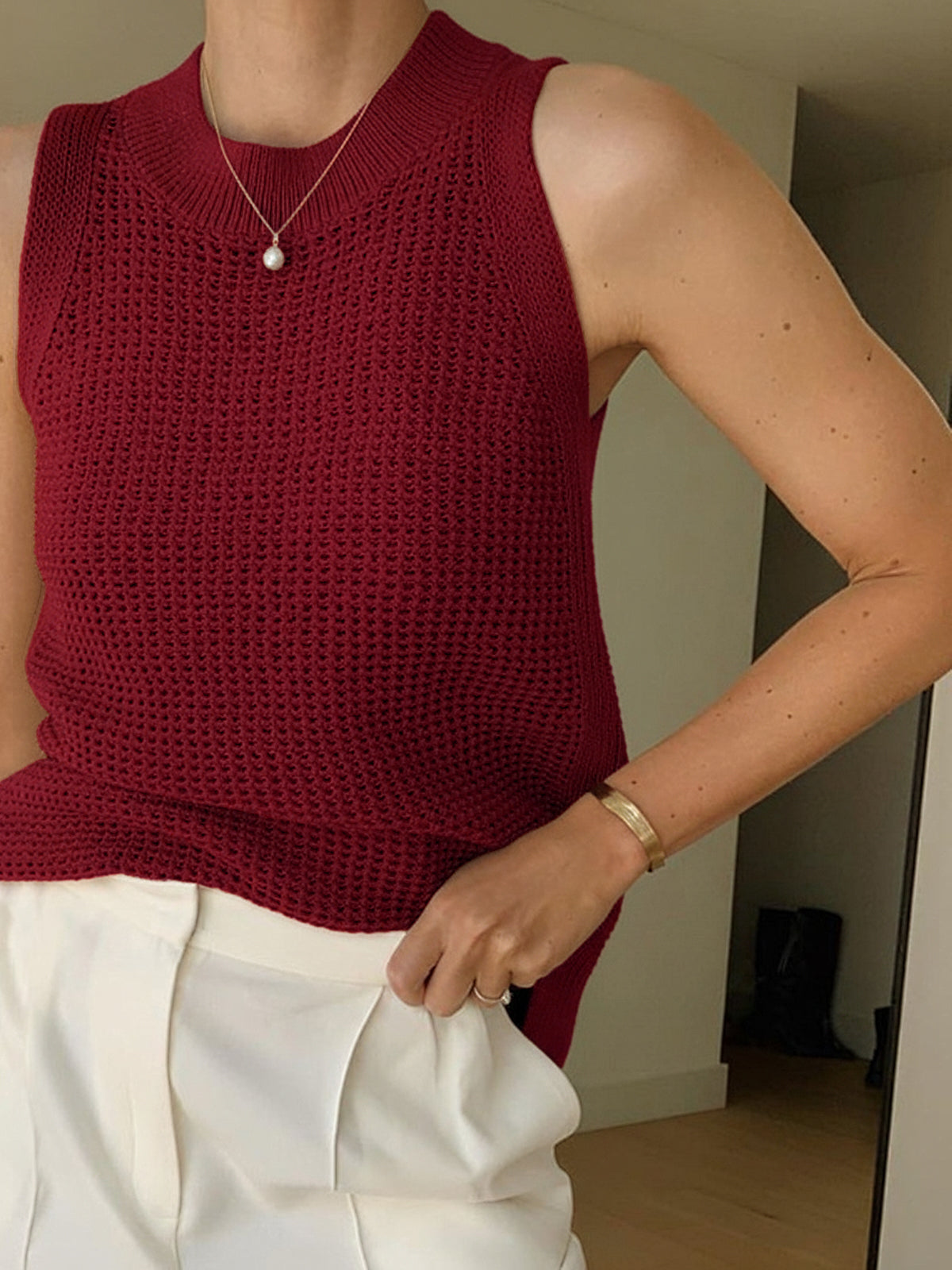 Knit Hollow Solid Sleeveless Tank Top for Women