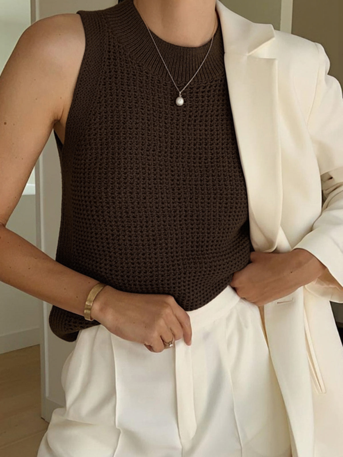 Knit Hollow Solid Tank Top Lightweight Breathable Summer Wear