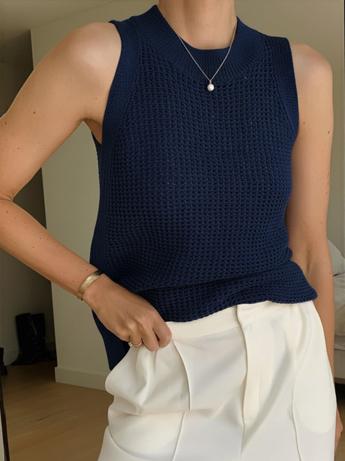 Knit Hollow Solid Tank Top Lightweight Breathable Summer Wear