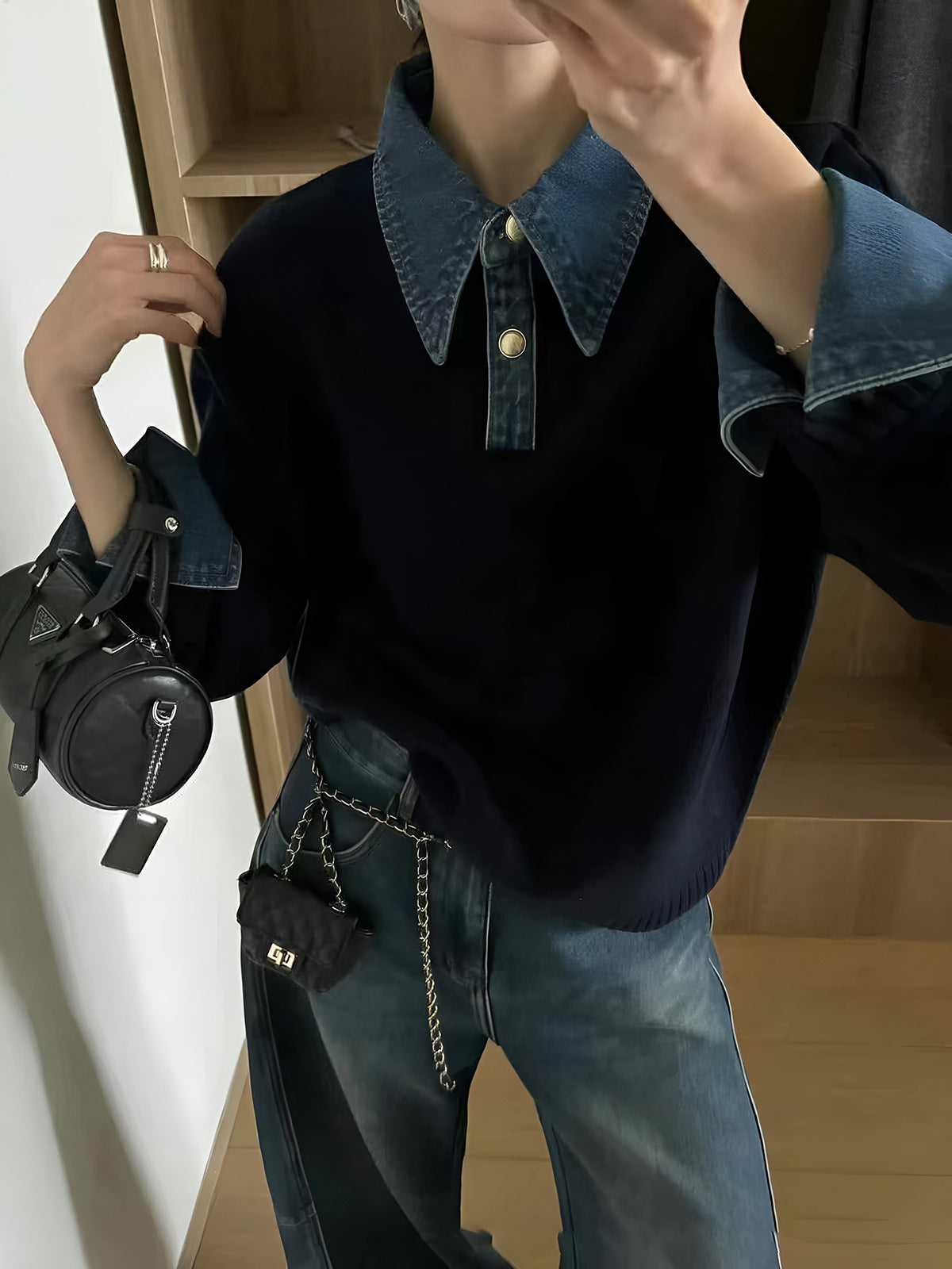 2 in 1 Panel Lapel Relaxed Sweater for Versatile Casual Wear
