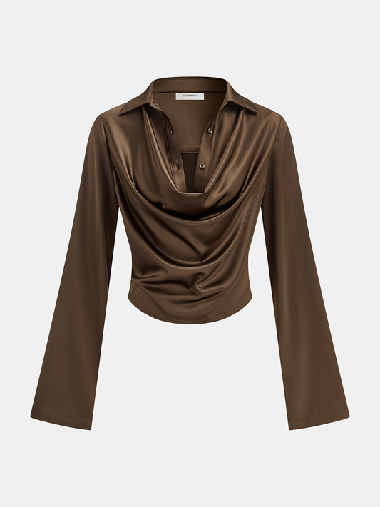 Satin Cowl Neck Long Sleeve Shirt Elegant Blouse for Women