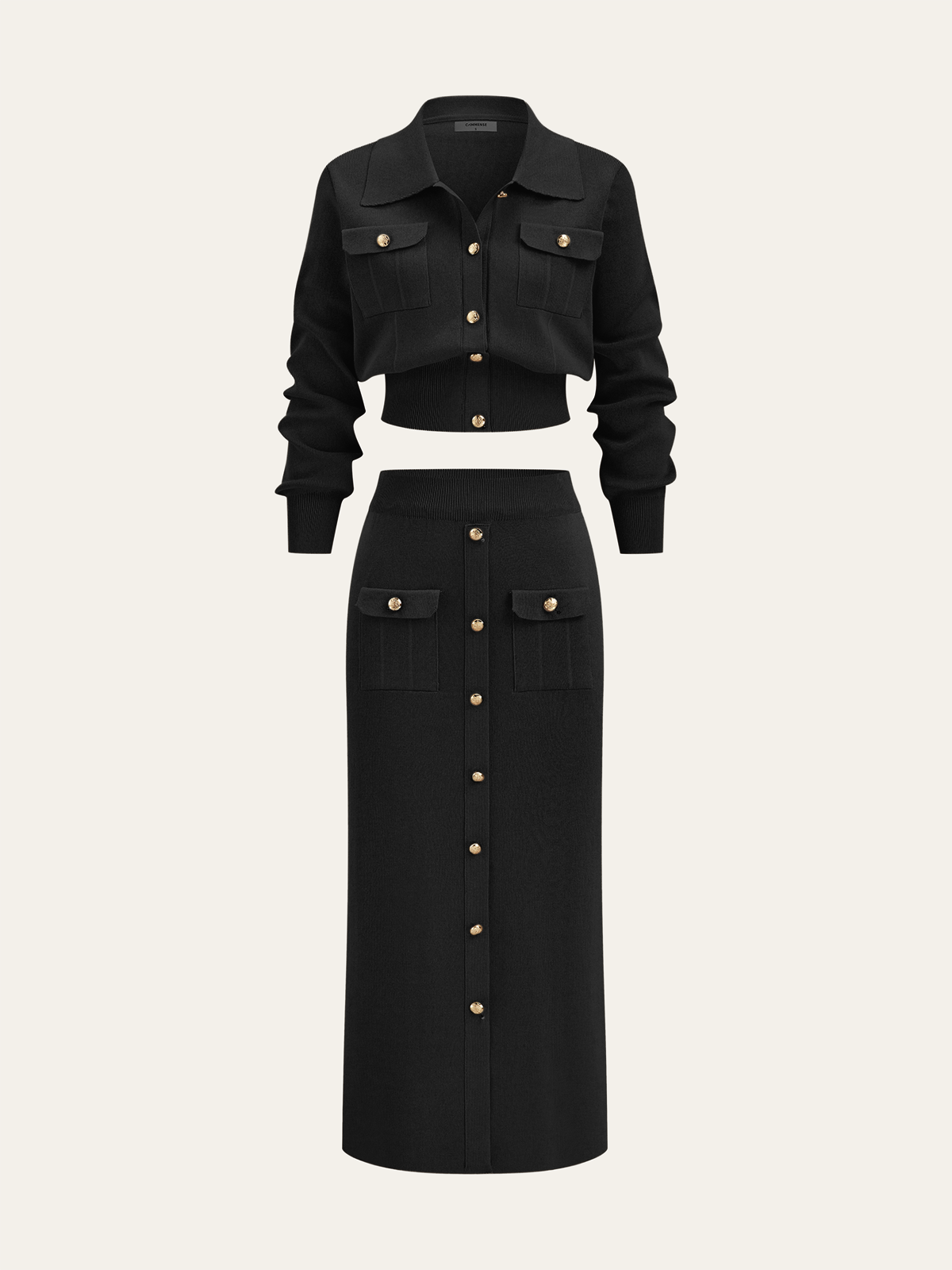 Metal Button Collared Cardigan and Midi Skirt Set, Trendy Women’s Workwear Essentials