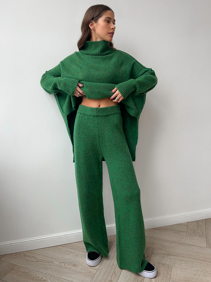 Plain Turtleneck Knit Pants Set - Cozy Winter Loungewear for Women