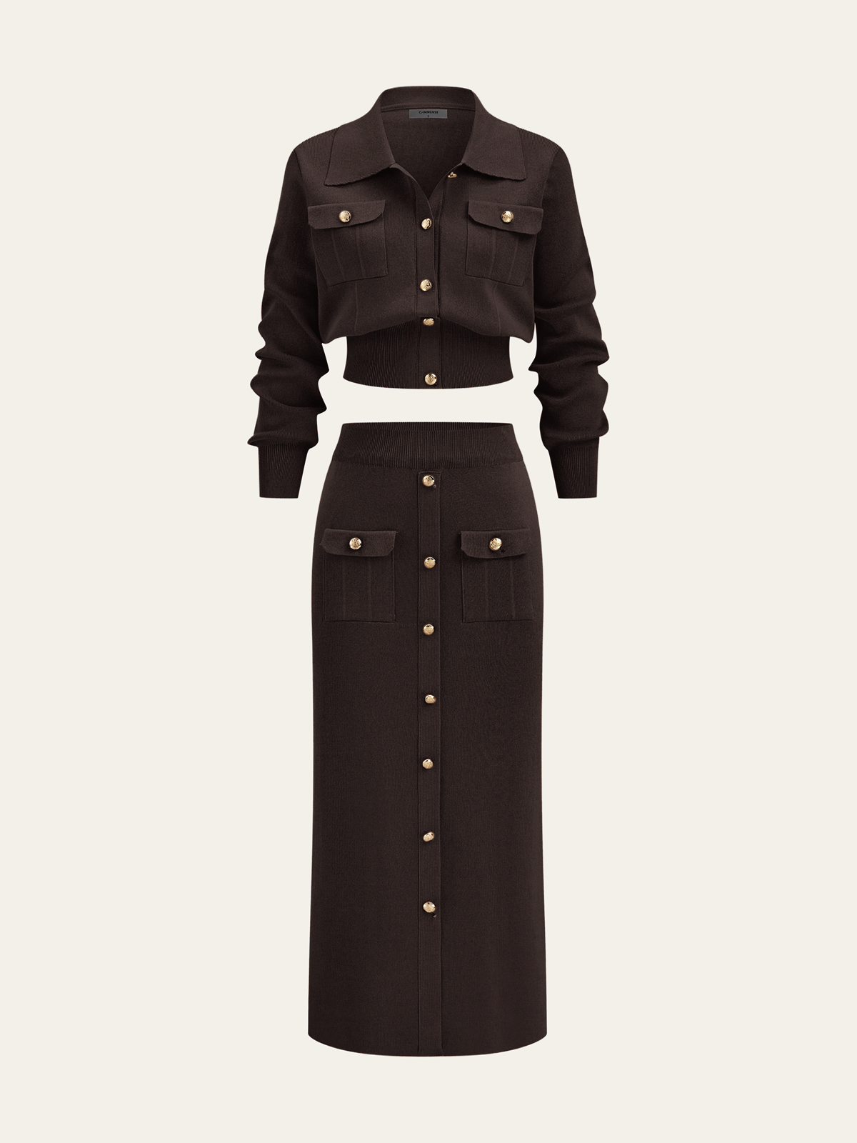 Metal Button Collared Cardigan and Midi Skirt Set, Trendy Women’s Workwear Essentials