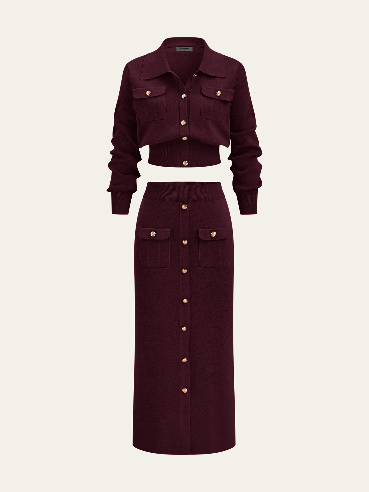 Metal Button Collared Cardigan and Midi Skirt Set, Trendy Women’s Workwear Essentials