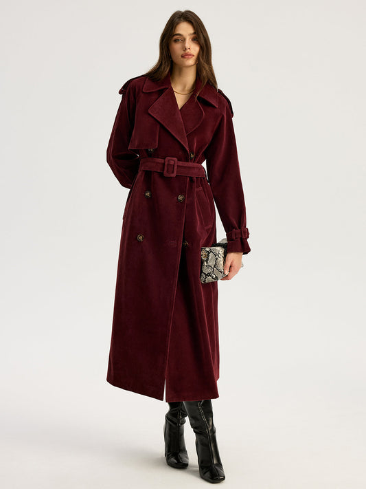 Belted Double-Breasted Suede Effect Long Trench Coat for Women's Fashion