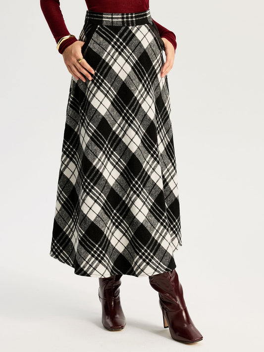 High Waist Line Flared Plaid Long Skirt with Elastic Band Detail