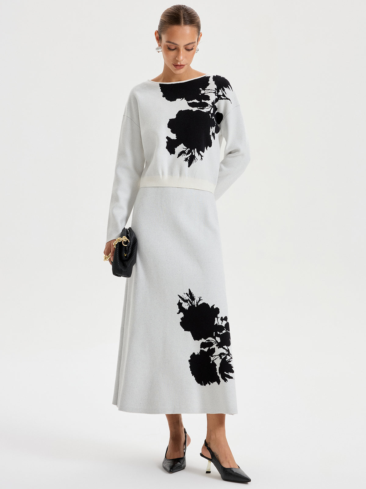 Ink-Wash Painting Pattern Knit Maxi Skirt Elegant Full-Length Soft Fabric