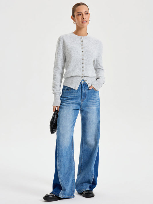 Buttoned Crew Neck Cardigan Lightweight Cotton Blend