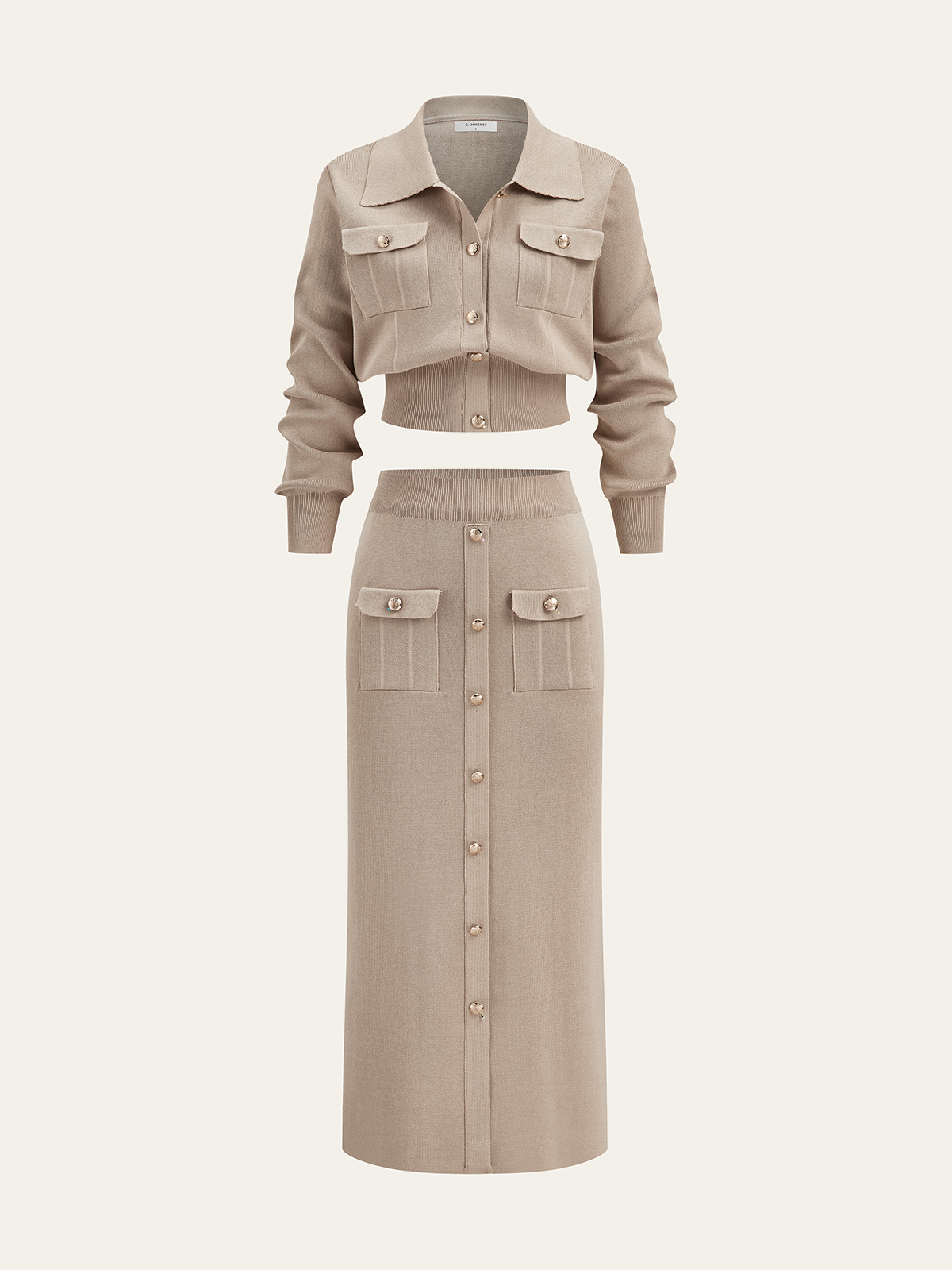 Metal Button Collared Cardigan and Midi Skirt Set - Trendy Women's Autumn Outfit
