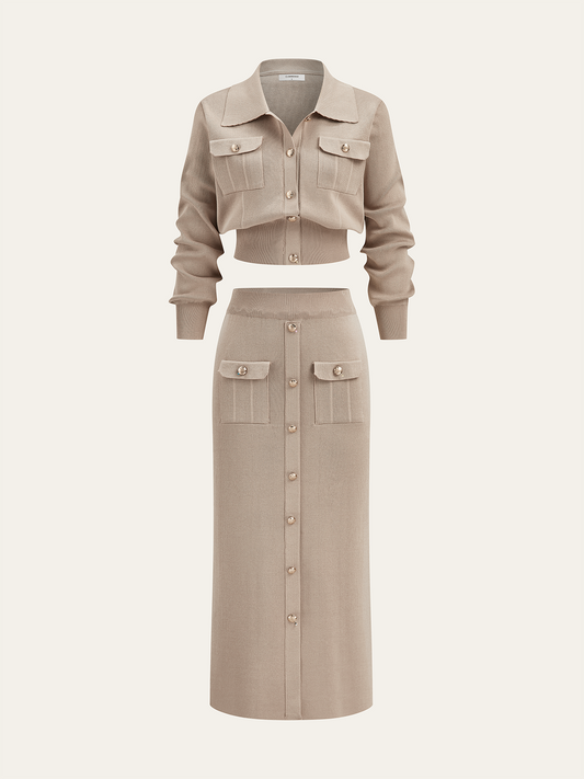 Metal Button Collared Cardigan and Midi Skirt Set - Trendy Women's Autumn Outfit