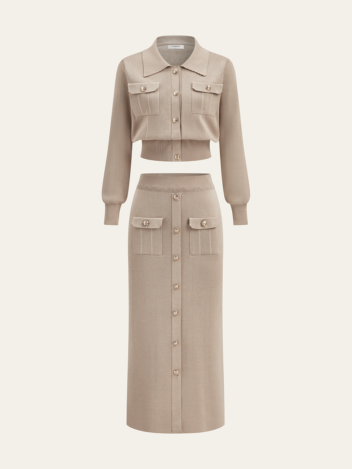 Metal Button Collared Cardigan and Midi Skirt Set - Trendy Women's Autumn Outfit