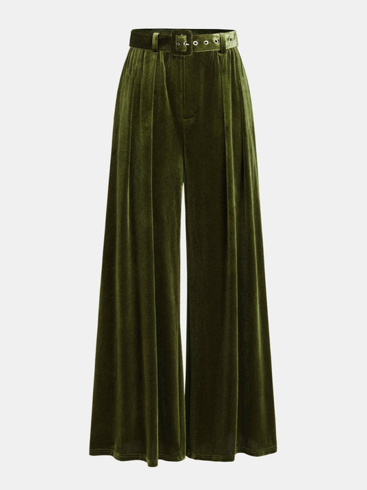 Belted Pleated Velvet Wide-Leg Pants High Waist Elegant Comfort