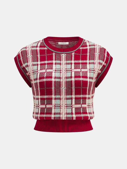Cap Sleeve Plaid Knit Vest - Women's Casual Layering Piece