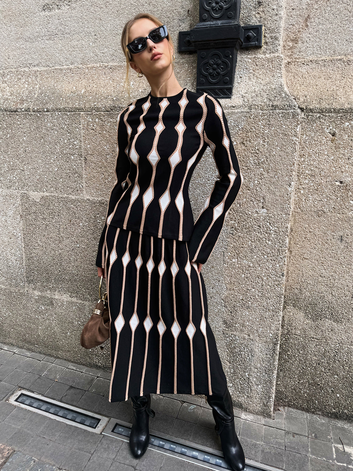 Geometric Pattern Knitted Maxi Skirt for Women Casual Wear