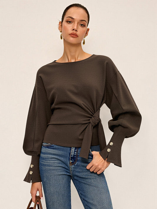 Twist Knot Balloon Sleeve Sweatshirt - Casual Women's Stylish Top Pullover