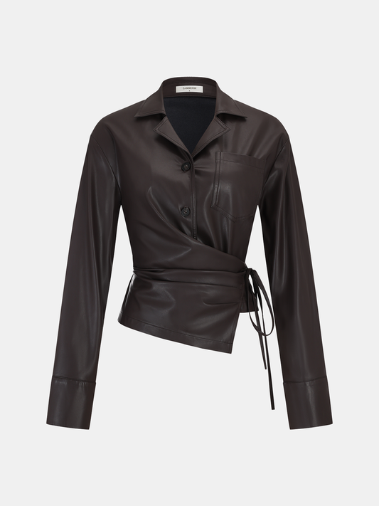 Tie Waist Faux Leather Wrap Shirt | Trendy Women's Fashion Top
