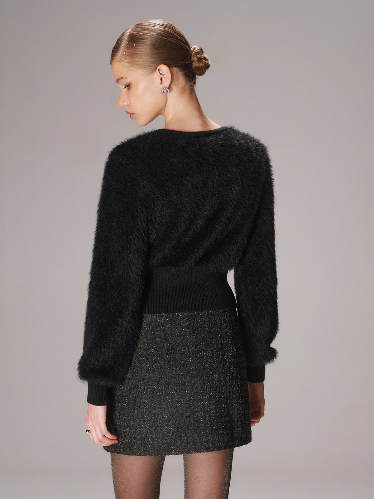 Button-Front Faux Mink Cropped Cardigan for Women Soft Warm