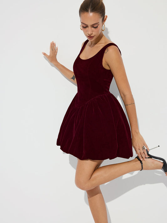 Bubble Hem Velvet Strappy Mini Dress with Adjustable Straps