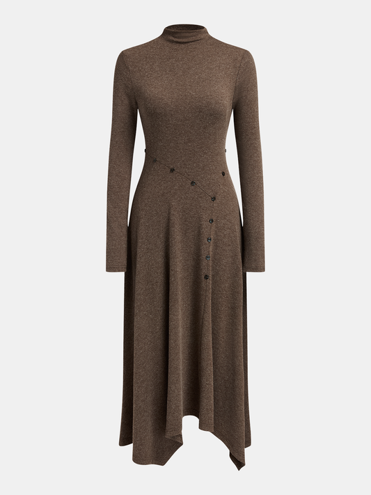 Asymmetric Button-Detail Dress with Long Sleeves and Midi Length
