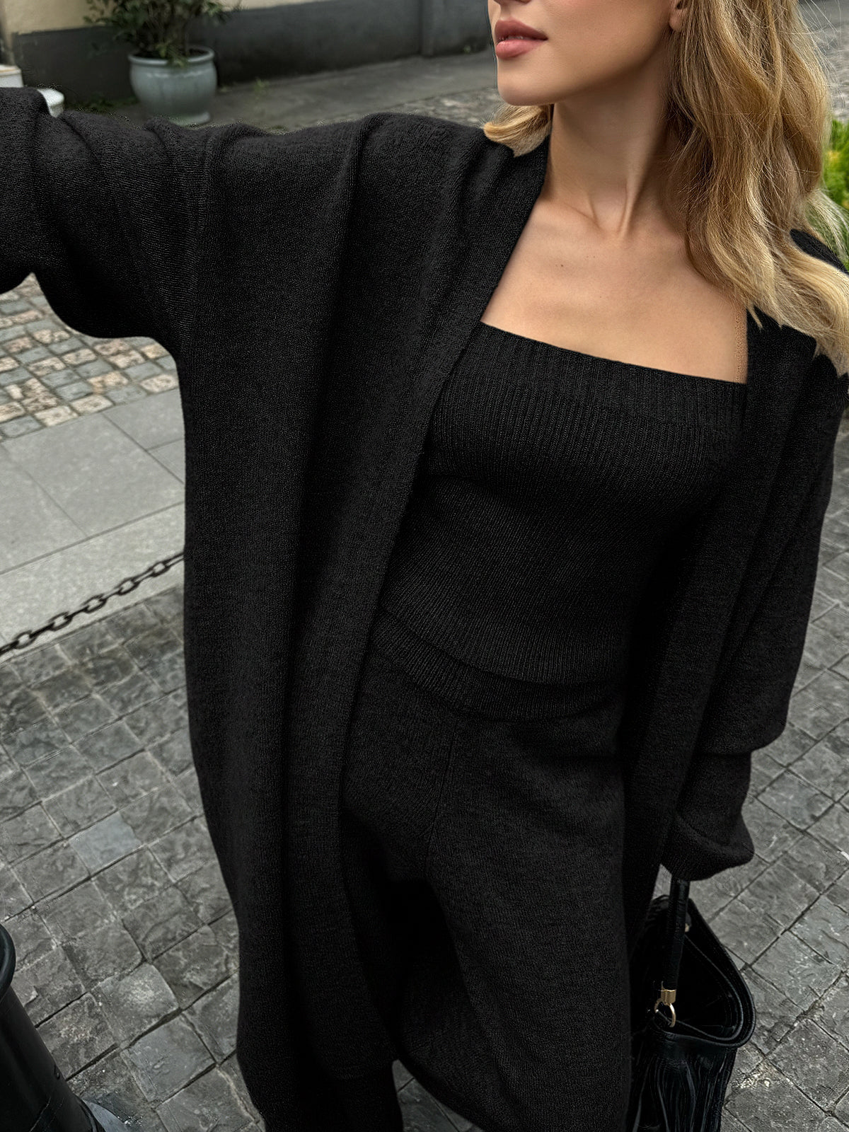 Three-Piece Knit Bustier Cardigan Pants Set for Women's Casual Wear