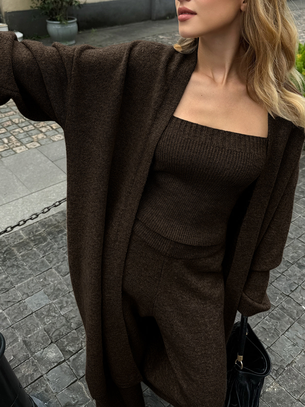 Three-Piece Knit Bustier Cardigan Pants Set for Women's Casual Wear
