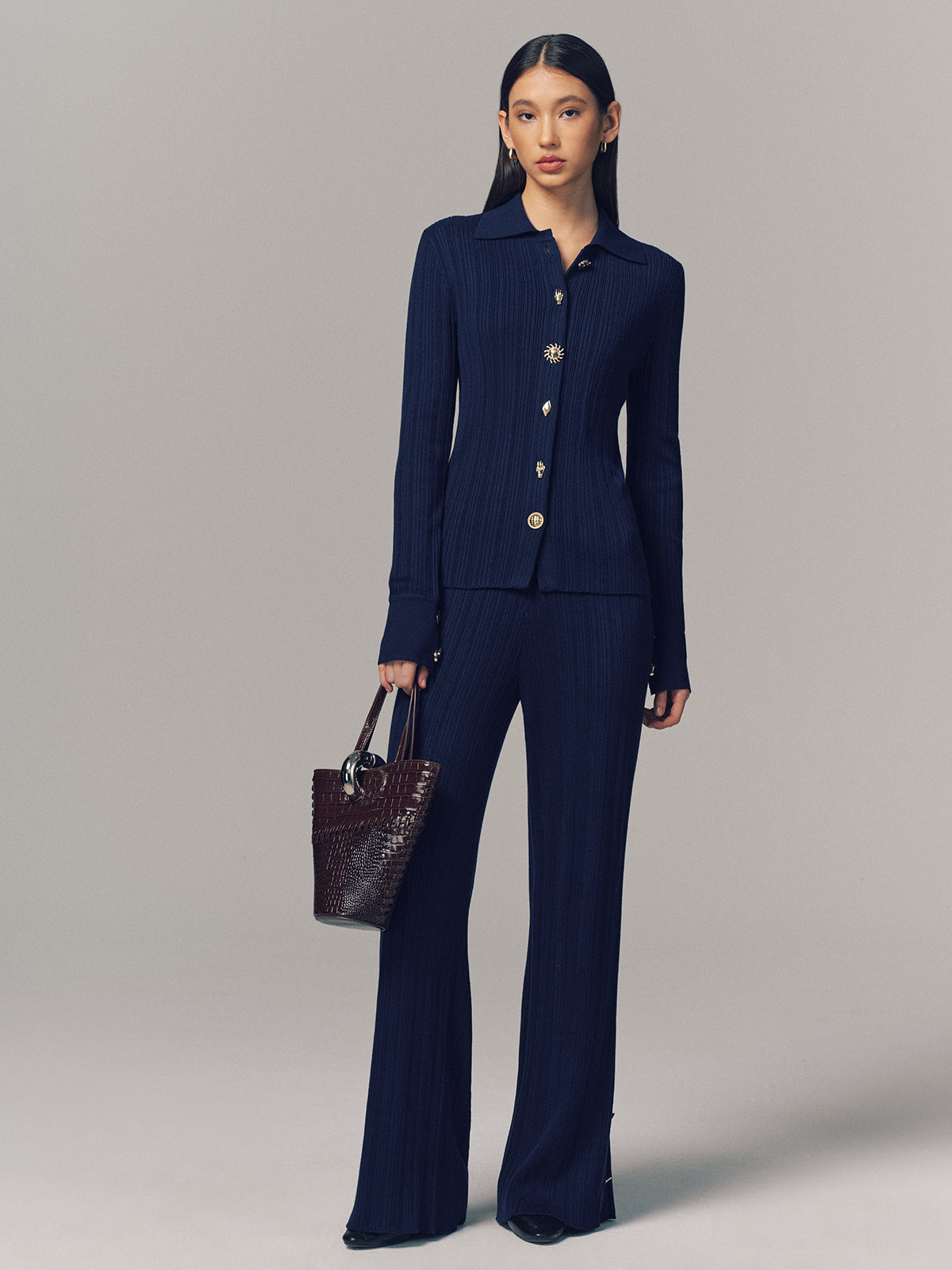 Textured Wool-Blend Collared Cardigan for Women Comfort Fit