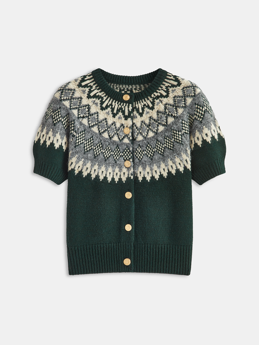Cashmere-Blend Fair Isle Short-Sleeve Cardigan for Women's Fashion